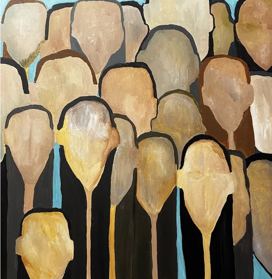 A crowd of featureless ochre and beige heads on long necks