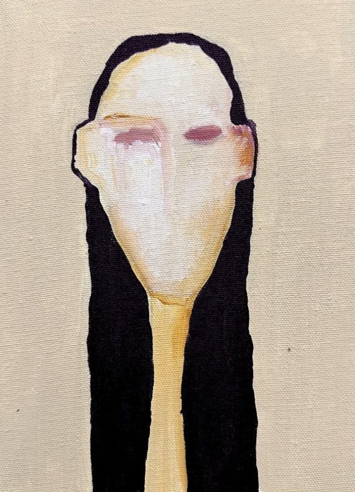 A pale face with closed pink eyes and long black hair on a cream canvas