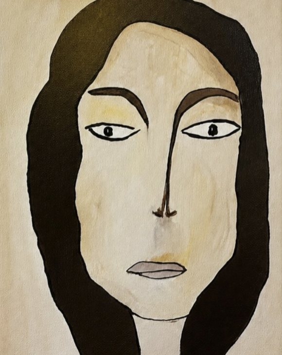 Portrait of a woman with dark hair, arched brows and grey lips