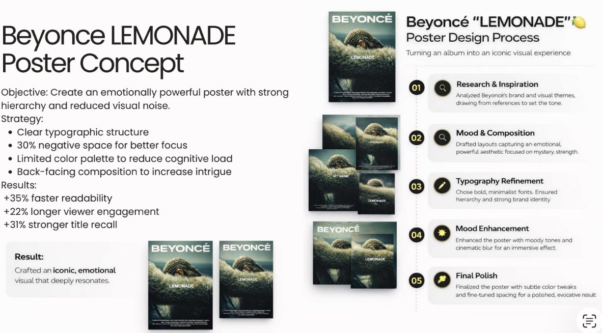 Process board for the Beyoncé LEMONADE cover: poster variations and five design steps
