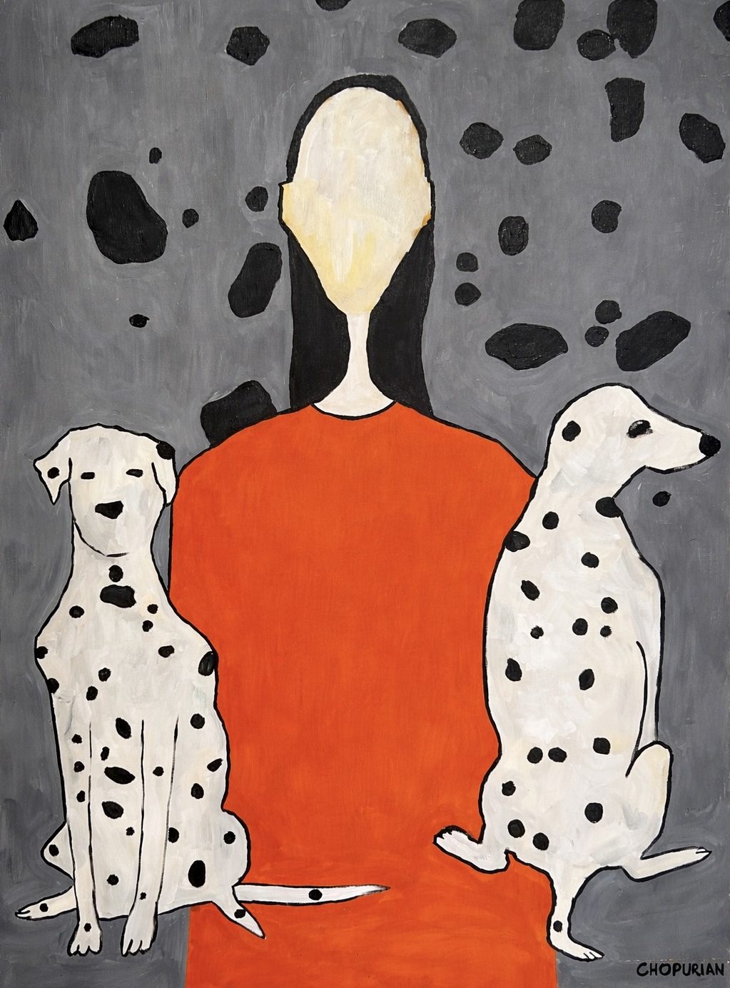 Faceless woman in an orange dress between two dalmatians