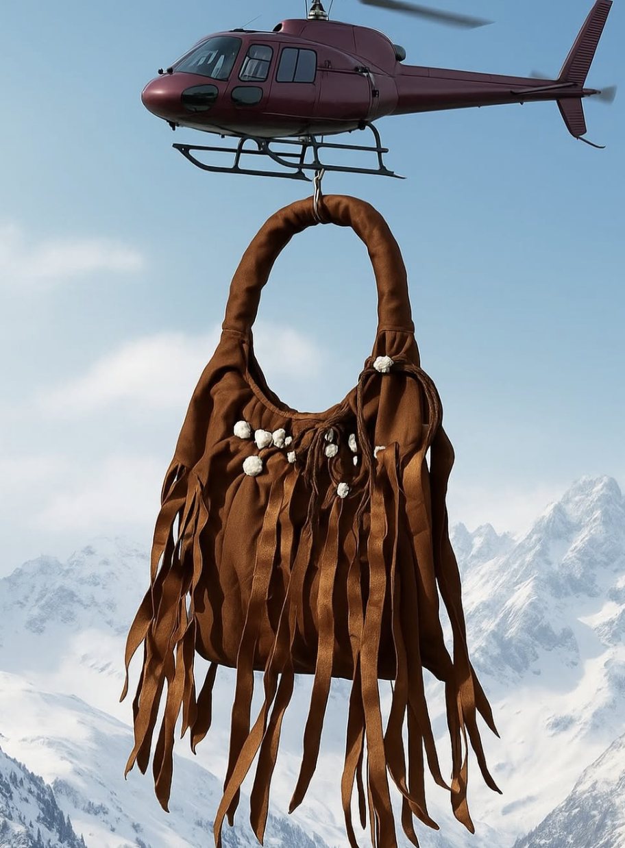Brown suede fringe bag hanging from a helicopter over snowy mountains