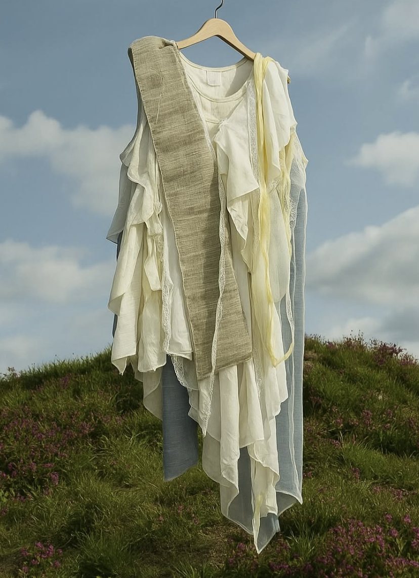 Layered cream, linen and pale blue dress on a hanger above a grassy hill