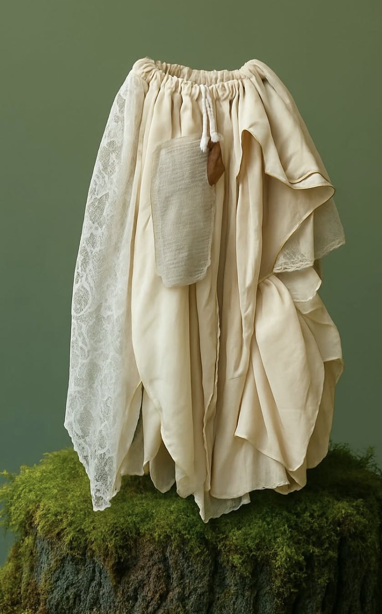 Cream silk and lace skirt with a linen pocket, standing on moss