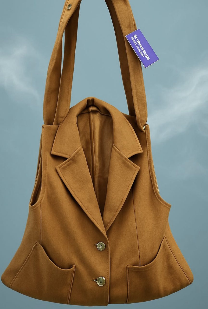 Camel tailored vest turned into a shoulder bag, lapels and pockets intact