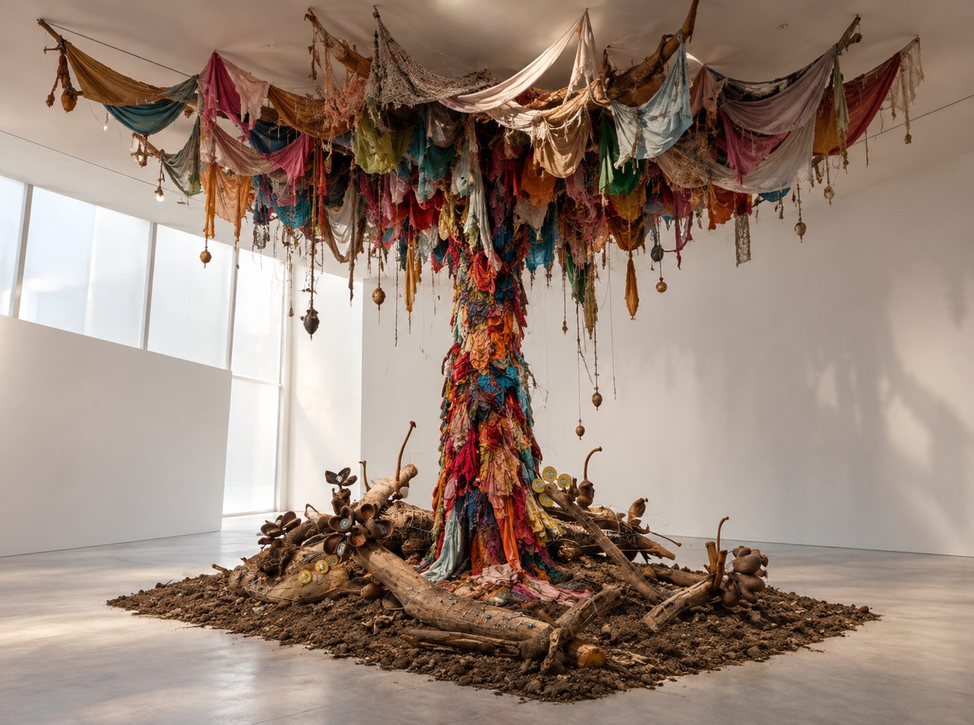 Installation of a tree built from upcycled fabric rising from soil and driftwood